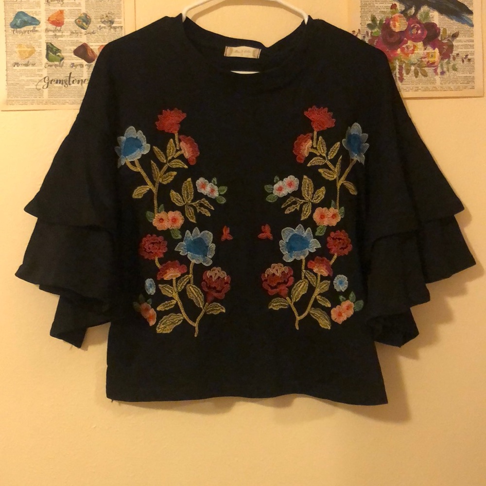Embroidered floral sweater shirt with bell sleeves